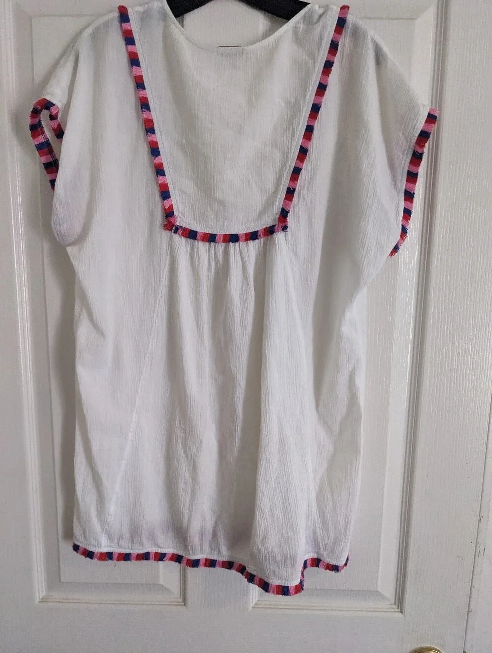 White  Cotton Gauze Coverup with Pink & Blue Trim